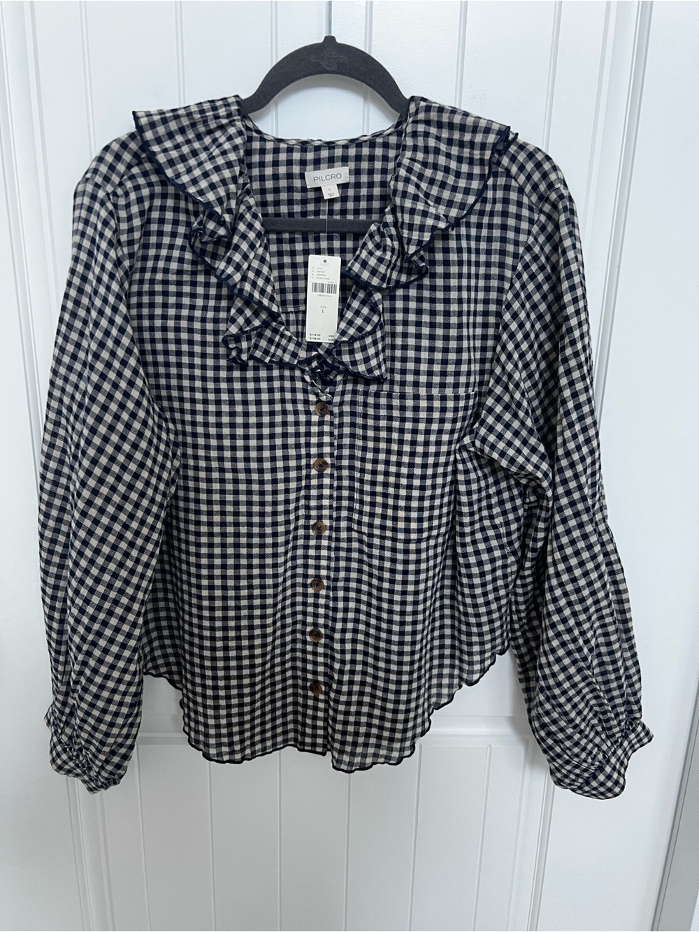 Pilcro for Anthropologie Blue Gingham Ruffle Button Front Blouse - Picture 2 of 12